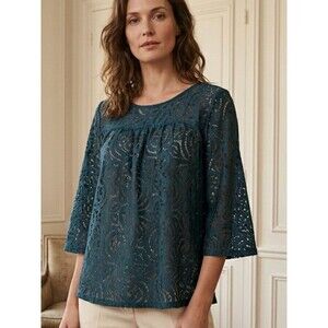 NWT Loft Outlet Teal Lace Overlay Top SP | Oversized 3/4 Sleeve